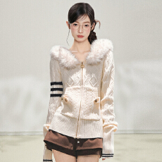 批发<b class='q'>白色</b>毛领连帽毛衣开衫女秋冬修身麻花<b class='q'>针织衫</b>外套上衣冬季