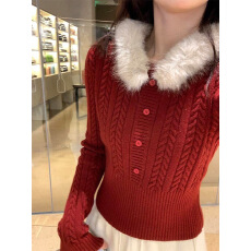 批发冬季韩系简约红色气质百搭显瘦<b class='q'>针织衫</b>可拆卸毛领麻花保暖毛衣女