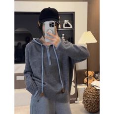 批发韩系简约撞色连帽抽绳女士<b class='q'>针织衫</b>外穿秋冬新款长袖套头毛衣女上衣