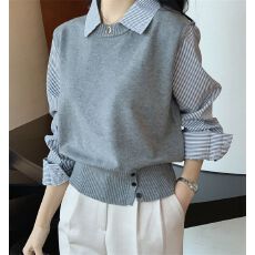 批发衬衫假两件<b class='q'>针织衫</b>上衣女秋冬2025新款长袖拼接条纹撞色设计感小众