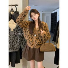 批发韩系复古撞色豹纹<b class='q'>宽松</b>针织开衫女秋冬软糯慵懒气质毛衣