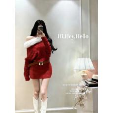 冬季款纯欲风麻花露肩毛毛拼接针织裙女慵懒松弛感收腰显瘦包臂裙