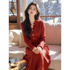 批发新年红通勤百搭polo翻领针织连衣裙女秋<b class='q'>冬</b>新款修身显瘦法式长裙