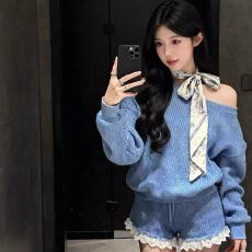 批发韩系斜肩慵懒针织衫毛衣女秋冬高级感斜肩长袖针织上衣<b class='q'>蕾丝</b><b class='q'>短裤</b>