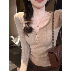 批发韩系朦胧月光U领假两件女长袖<b class='q'>镂空</b>设计感蕾丝拼接显瘦<b class='q'>针织衫</b>