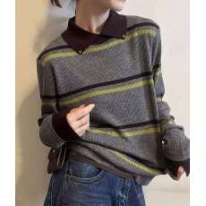 批发撞色条纹翻领羊毛针织衫女<b class='q'>欧洲站</b>2025冬装<b class='q'>新款</b>欧货女装时尚毛衣潮