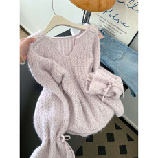 批发法式温柔慵懒风V领毛衣女春<b class='q'>秋</b>宽松加厚设计感小众系带针织衫上衣