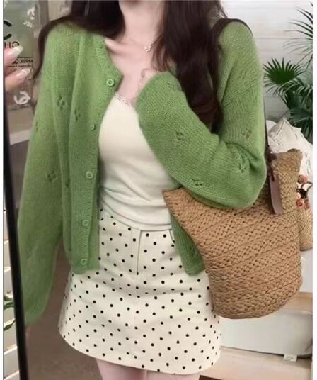 새싹 녹색 니트 오픈 가디건 양모 마 하이 홀로우 아웃 자수 고급 센스 Chic 맨위
