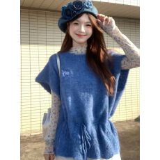 批发春季度假风蓝色抽绳针织<b class='q'>马甲</b>搭配碎花打底百搭背心