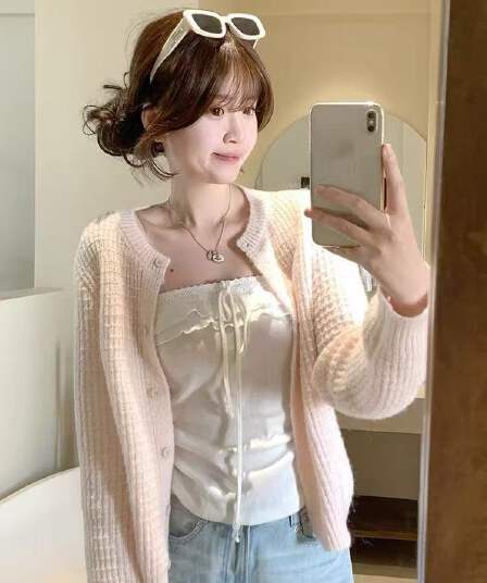한 부서 디자인 센스 후아 남편 그리드 니트 오픈 가디건 여성 2026 봄 새로운 느긋한 바람 패션 다용도 루즈핏 맨위