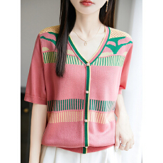 批发胖mm夏季<b class='q'>加大码</b>针织衫短袖t恤女2026新款简约时尚v领条纹上衣