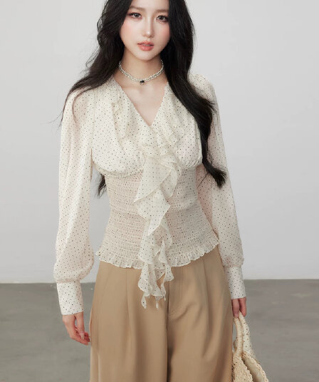 찬양하다 다우 yuzhi 품격 우아함 도트 무늬 쉬폰 블라우스 봄 여름 새로운 리본 V넥 허리 수축 슬림해 보이는 긴팔 맨위