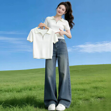 批发韩系正肩Polo领半拉链短袖T恤女夏季<b class='q'>大码</b>胖mm显瘦短款设计感上衣