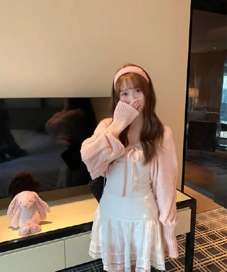 구멍 사실 귀 찮 나 장 원 영어 같은 단락 핑크색 니트 오픈 가디건 여성 부드러운 달콤함 이른 봄 다용도 외부 잡아라. 의류