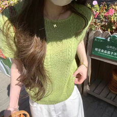 批发法式温柔绿色麻花编织短袖女夏季高级感气质薄款<b class='q'>宽松</b>套头圆领上衣