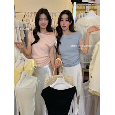 批发THE LIMON柠檬绿茶韩系不规则露肩修身蝴蝶结斜肩气质小衫女<b class='q'>春</b>夏