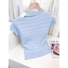 批发蓝色圆领镂空短袖<b class='q'>针织</b>衫<b class='q'>女</b>2026夏季新款设计感独特别致超好看上衣