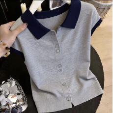 批发2026夏季新款韩版撞色简约翻领短袖<b class='q'>针织</b>衫<b class='q'>女</b>气质百搭显瘦减龄上衣