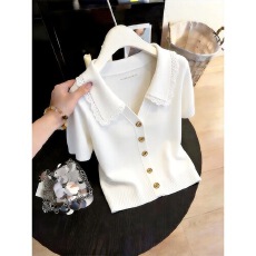 批发2026夏季新款爆款洋气藏蓝色蕾丝花边<b class='q'>针织</b>衫高级感短袖上衣衬衫<b class='q'>女</b>