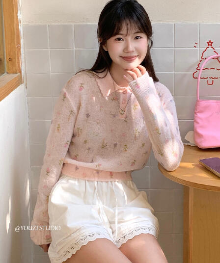 한 부서 새로운 꽃무늬 호흡 센스 착용 가져 가라. 소녀 달콤함 니트 스웨터 얕은 봄 다용도 슬림해 보이는 폴로 칼라 얇은 맨위