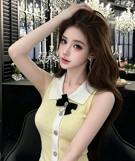 lym studio 프랑스식 폴로 칼라 나비 매듭 니트 조끼 여성 배색 디자인 센스 몸매 가꾸기 슬림해 보이는 맨위