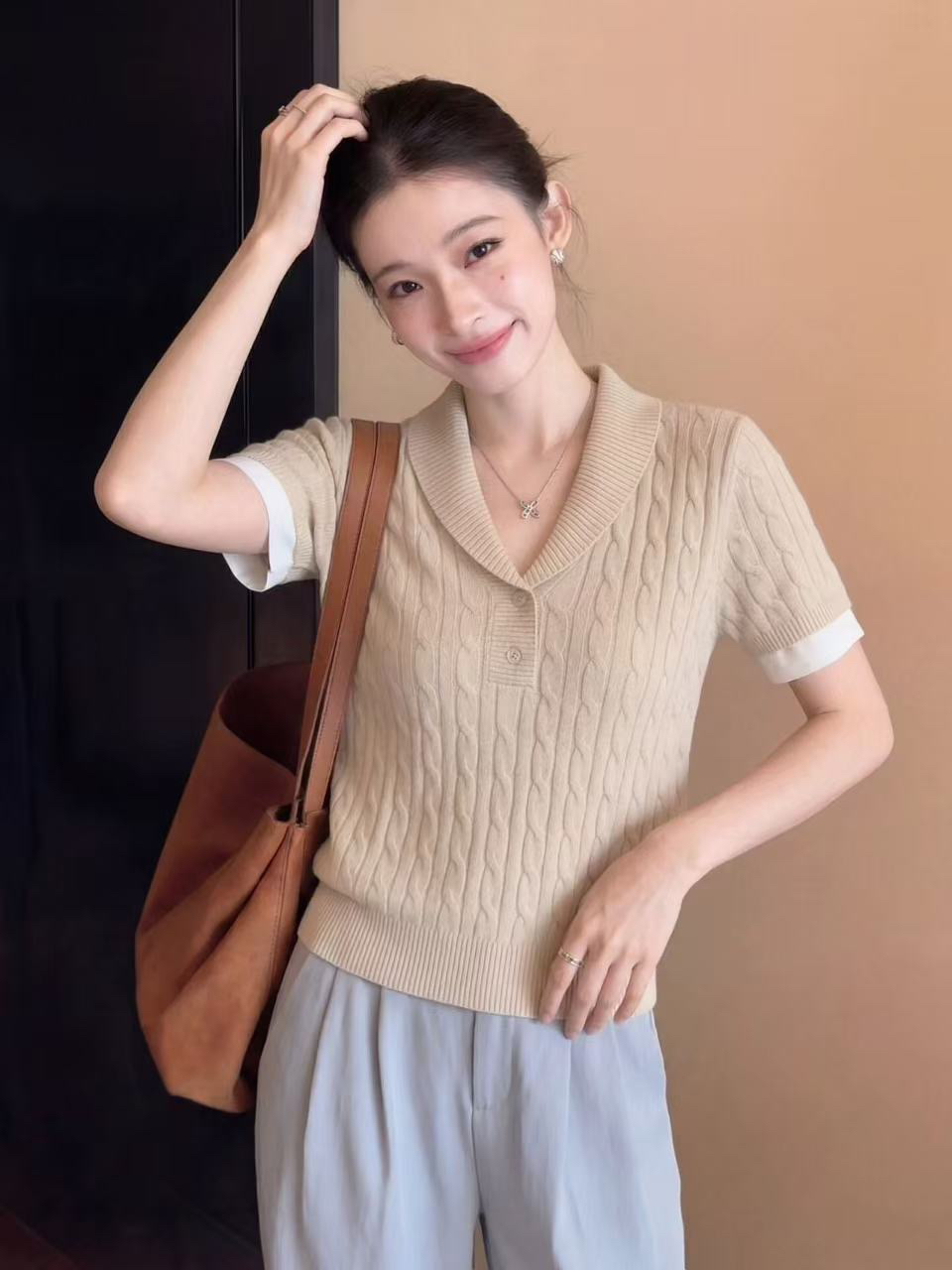 오래된 돈 바람 카키 색 폴로 칼라 니트 반팔 티셔츠 여성 여름 몸매 가꾸기 품격 고유 한 아름다운 그레이트 봐. 의류