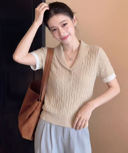 오래된 돈 바람 카키 색 폴로 칼라 니트 반팔 티셔츠 여성 여름 몸매 가꾸기 품격 고유 한 아름다운 그레이트 봐. 의류