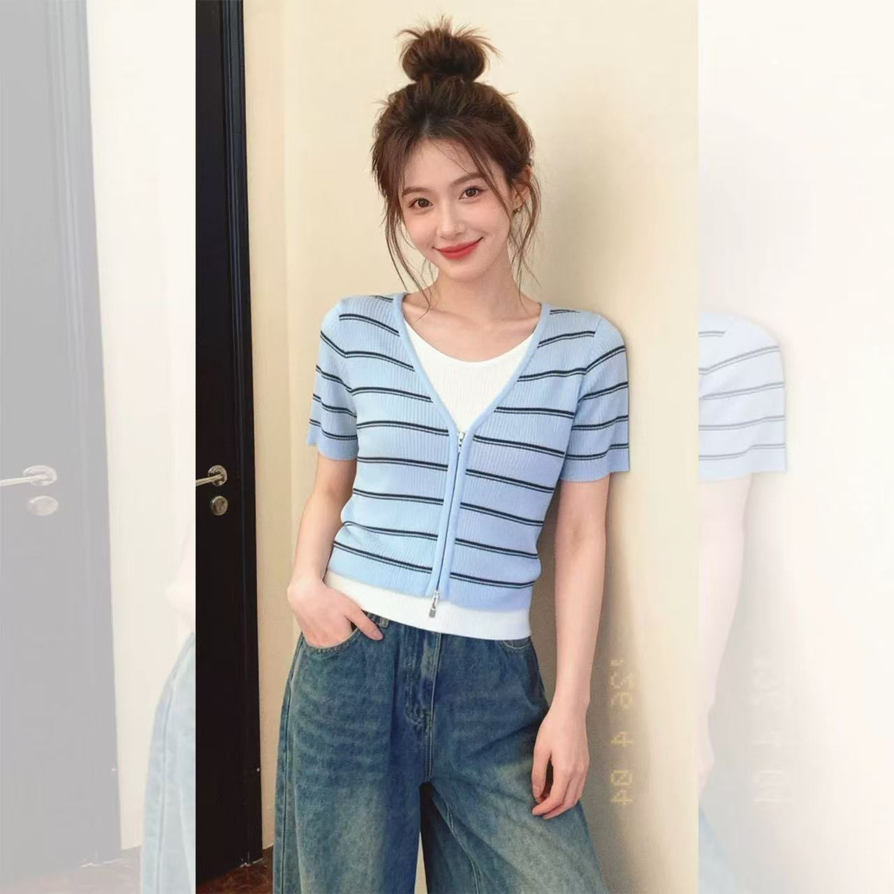 블루 화이트 배색 스트라이프 패치워크 페이크 레이어드 반팔 티셔츠 여성 2026 여름 한 부서 고유 한 아름다운 아름다운 맨위