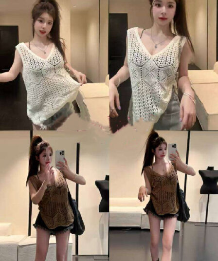 프랑스식 작은 대중 고유 한 레트로 홀로우 아웃 카키 색 V넥 니트 조끼 여성 여름 Chic 어깨 베스트 맨위
