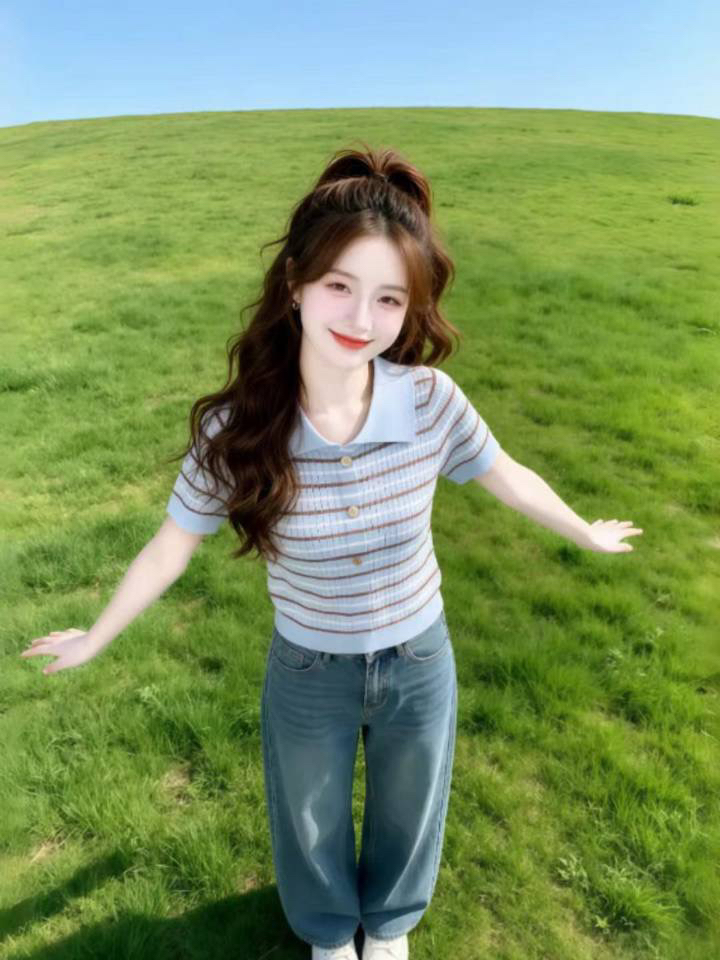 빅 사이즈 표지 배 외국 가스 스트라이프 얼음 실크 반팔 POLO 칼라 니트 스웨터 여성 여름 얇은 스타일 티셔츠 연령 감소 맨위 트렌디