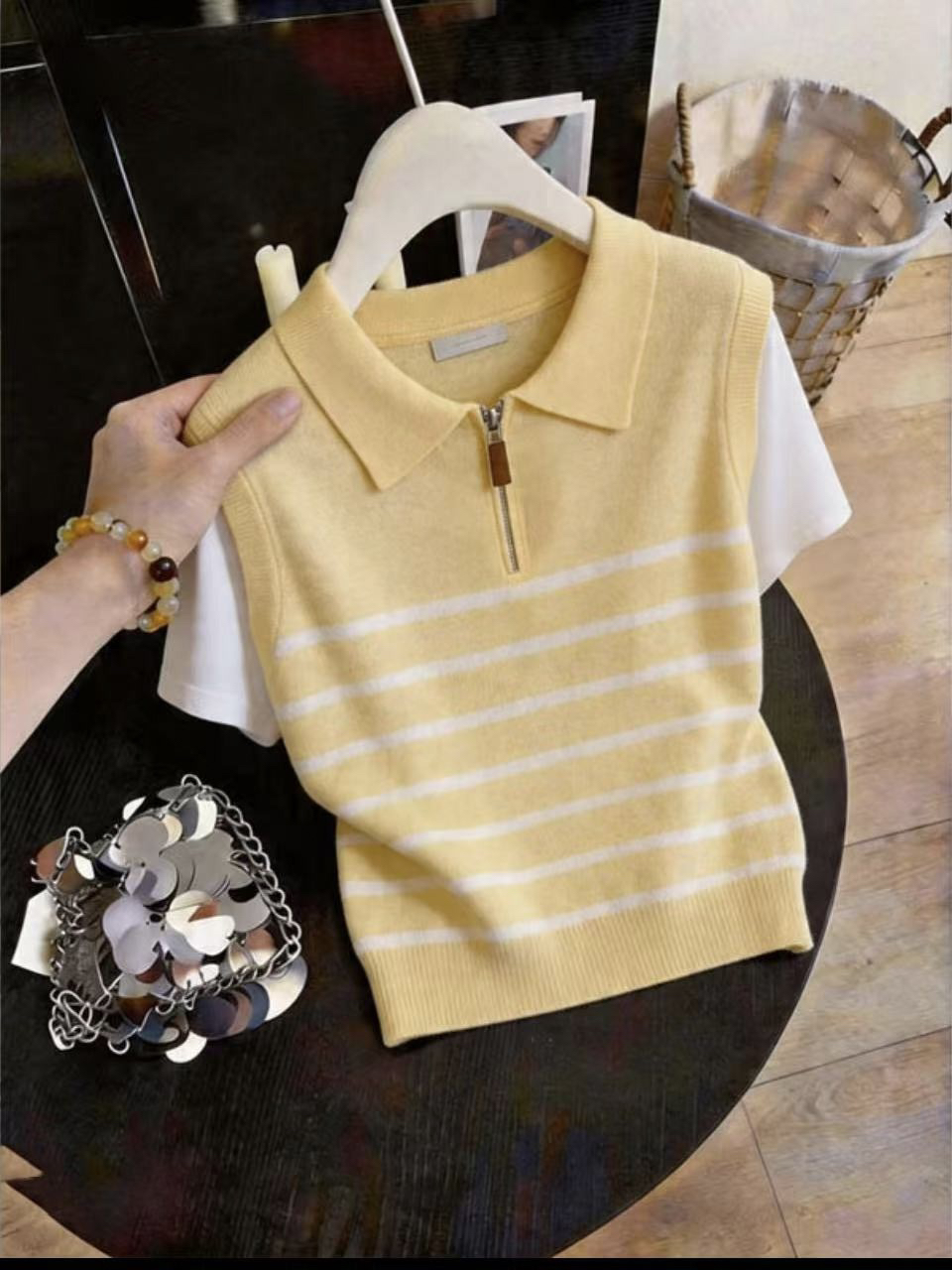 한 부서 배색 페이크 레이어드 니트 스웨터 여성 여름 섹션 학원 스타일 하프 지퍼 반팔 POLO 셔츠 디자인 센스 맨위