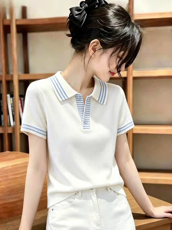 한 부서 부드러운 배색 POLO 칼라 반팔 티셔츠 여성 여름 새로운 올해 인기 품격 얼음 실크 니트 맨위