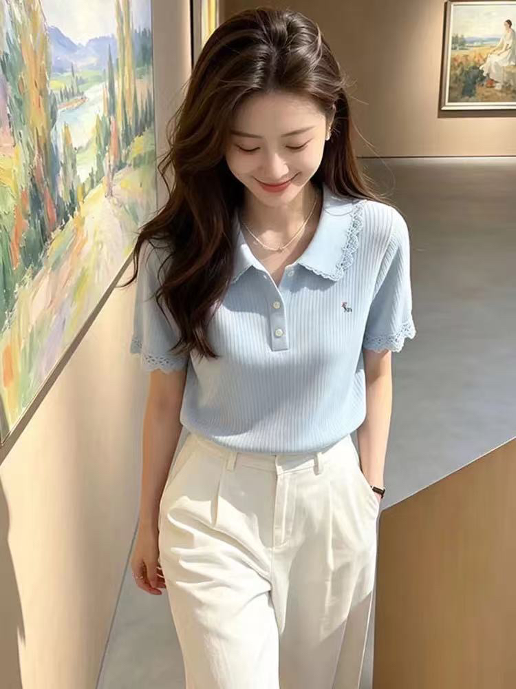 톰 글 래 원인 블루 홀로우 아웃 V넥 반팔 니트 오픈 가디건 여성 2026 여름 고유 한 아름다운 Chic 고급 센스 맨위