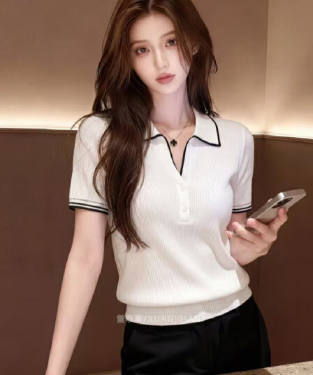프랑스식 화이트 POLO 칼라 니트 반팔 티셔츠 여성 2026 여름 빅 사이즈 지방 mm 슬림해 보이는 품격 아름다운 맨위