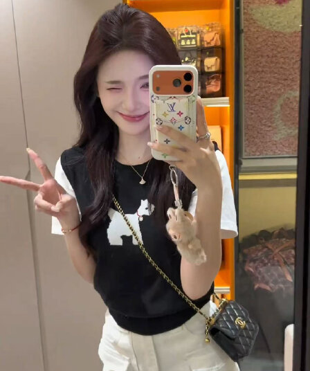 한 부서 검정색 강아지 페이크 레이어드 니트 반팔 티셔츠 여성 여름 디자인 센스 작은 대중 고유 한 아름다운 맨위 서비스