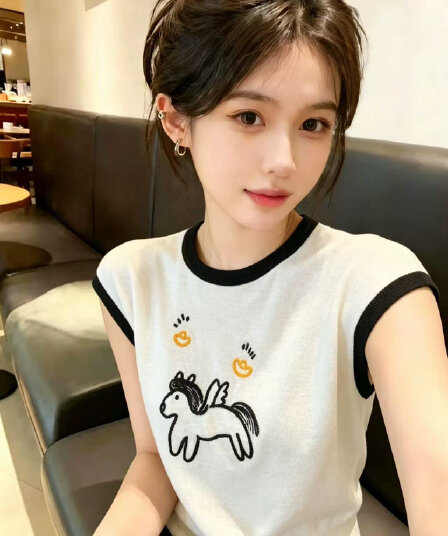 만화 작은 말 자수 대나무 마디 마 배색 라운드 넥 민소매 티셔츠 여성 여름 얇은 스타일 루즈핏 슬림해 보이는 니트 맨위 트렌디