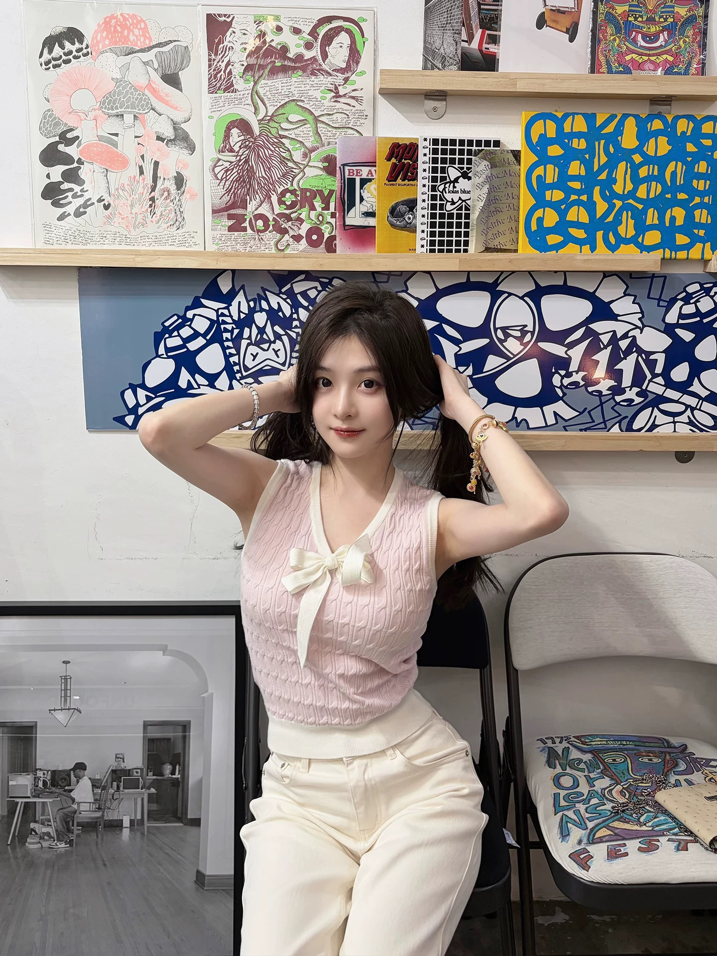 jnnlh studio 주스 설탕 분말 보라색 조정 장난기 넘치는 똑똑한 민소매 나비 매듭 니트 조끼 여성