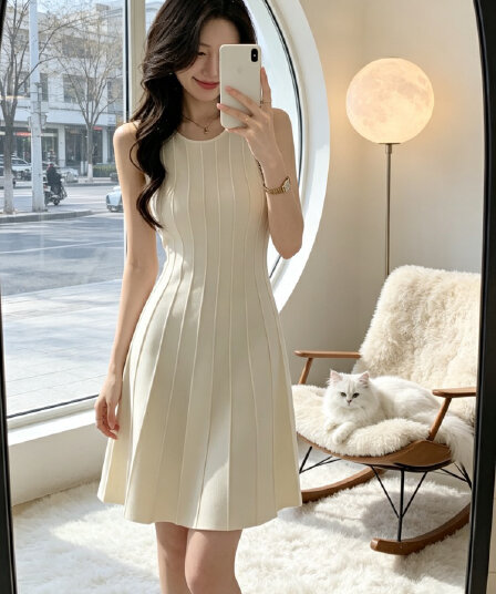 꽃 통행인 빛 연 부서 빛 요리 한 착용 가져 가라. 여름 라운드 넥 민소매 상쾌 문예 꼬집기 허리 플리츠 스커트 한 마디 미니 스커트 여성