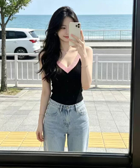 아메리칸 핫걸 바람 배색 V넥 니트 캐미솔 빅 사이즈 지방 mm 외출용 표지 배 슬림해 보이는 그레이트 봐. 의류