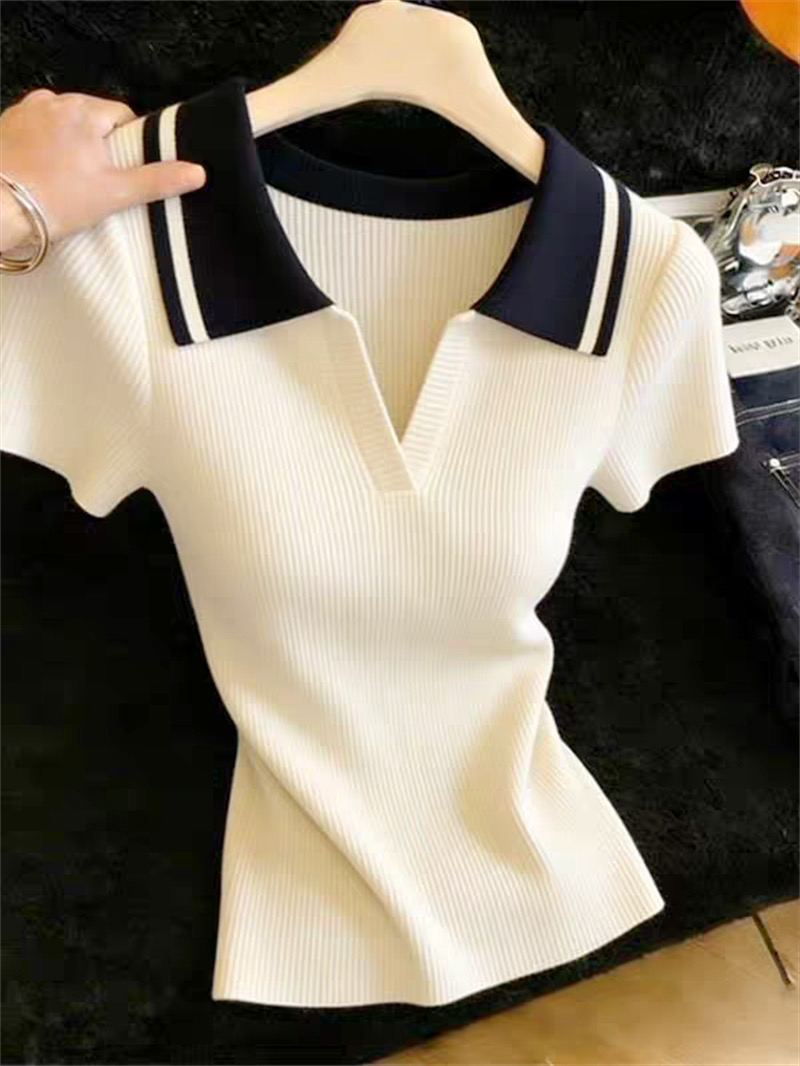 POLO 셔츠 폴로 칼라 얼음 실크 반팔 니트 스웨터 여성 얇은 스타일 외국 가스 티셔츠 루즈핏 연령 감소 배색 맨위