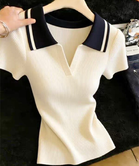POLO 셔츠 폴로 칼라 얼음 실크 반팔 니트 스웨터 여성 얇은 스타일 외국 가스 티셔츠 루즈핏 연령 감소 배색 맨위
