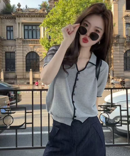 한 부서 POLO 칼라 회색 반팔 얼음 실크 니트 오픈 가디건 여성 자이언트 잘 생긴 ~ 중 여름 고유 한 아름다운 맨위 얇은 스타일