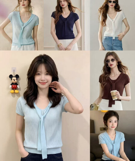여름 새로운 부드러운 바람 리본 스트랩 단색 반팔 니트 스웨터 여성 편안함 작은 셔츠 맨위 여성