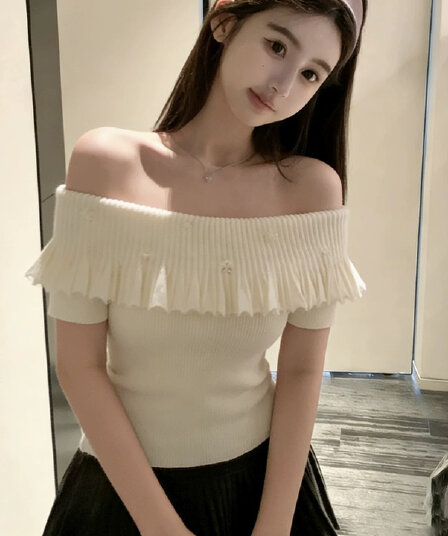 프랑스식 부드러운 바람 오프숄더 프릴 니트 스웨터 여성 고급 센스 몸매 가꾸기 다용도 오프숄더 품격 슬림해 보이는 맨위