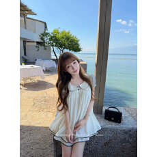批发Lukira 中古恋语 法式复古娃娃领泡泡袖连衣裙女夏季高腰A字短裙