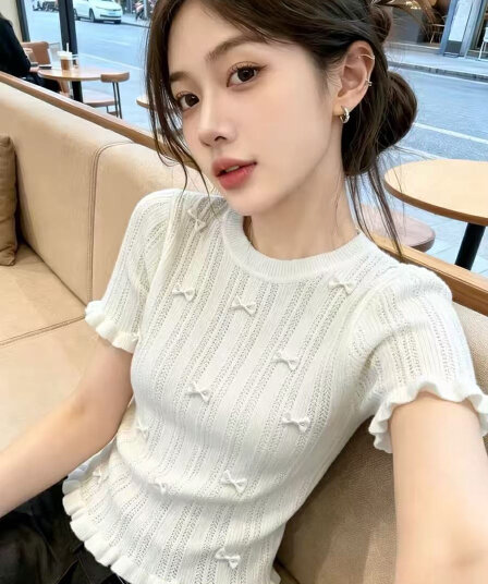 프랑스식 달콤한 매운맛 나비 매듭 홀로우 아웃 Chic 반팔 니트 스웨터 여성 2026 여름 새로운 몸매 가꾸기 프릴 맨위