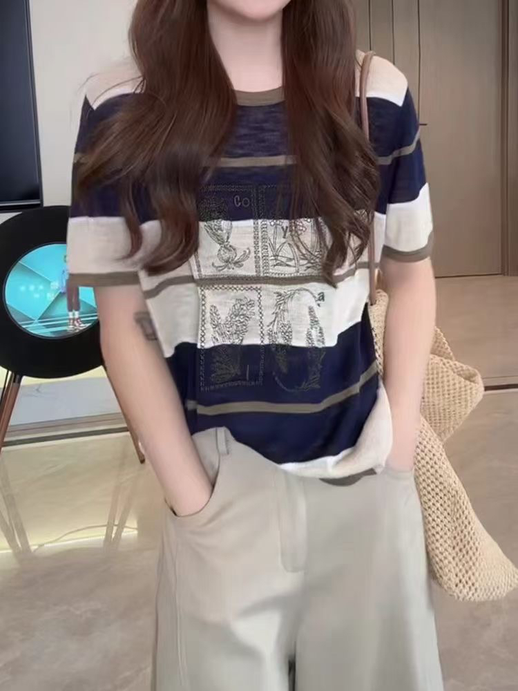 Annan uwsv 새로운 2026 여름 캐주얼 출퇴근 여자 루즈핏 라운드 넥 반팔 패치워크 색상 스트라이프 니트 스웨터