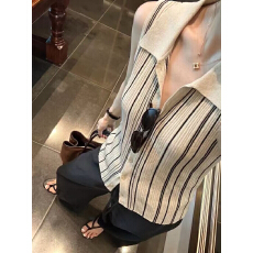批发港味复古老钱风竖条纹针织衫无袖<b class='q'>背心</b>女夏季外穿薄款polo翻领上衣