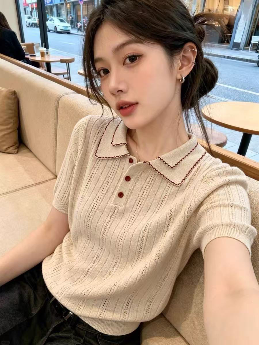 오래된 돈 바람 POLO 칼라 니트 반팔 티셔츠 여성 여름 얇은 스타일 홀로우 아웃 느긋한 느슨함 센스 슬림해 보이는 루즈핏 맨위