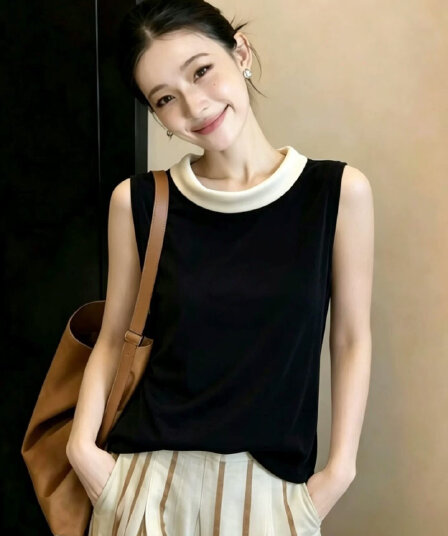 2026 새로운 프랑스식 맨위 디자인 센스 배색 칼라 민소매 여성 여름 외출용 얇은 스타일 빛 럭셔리 조끼